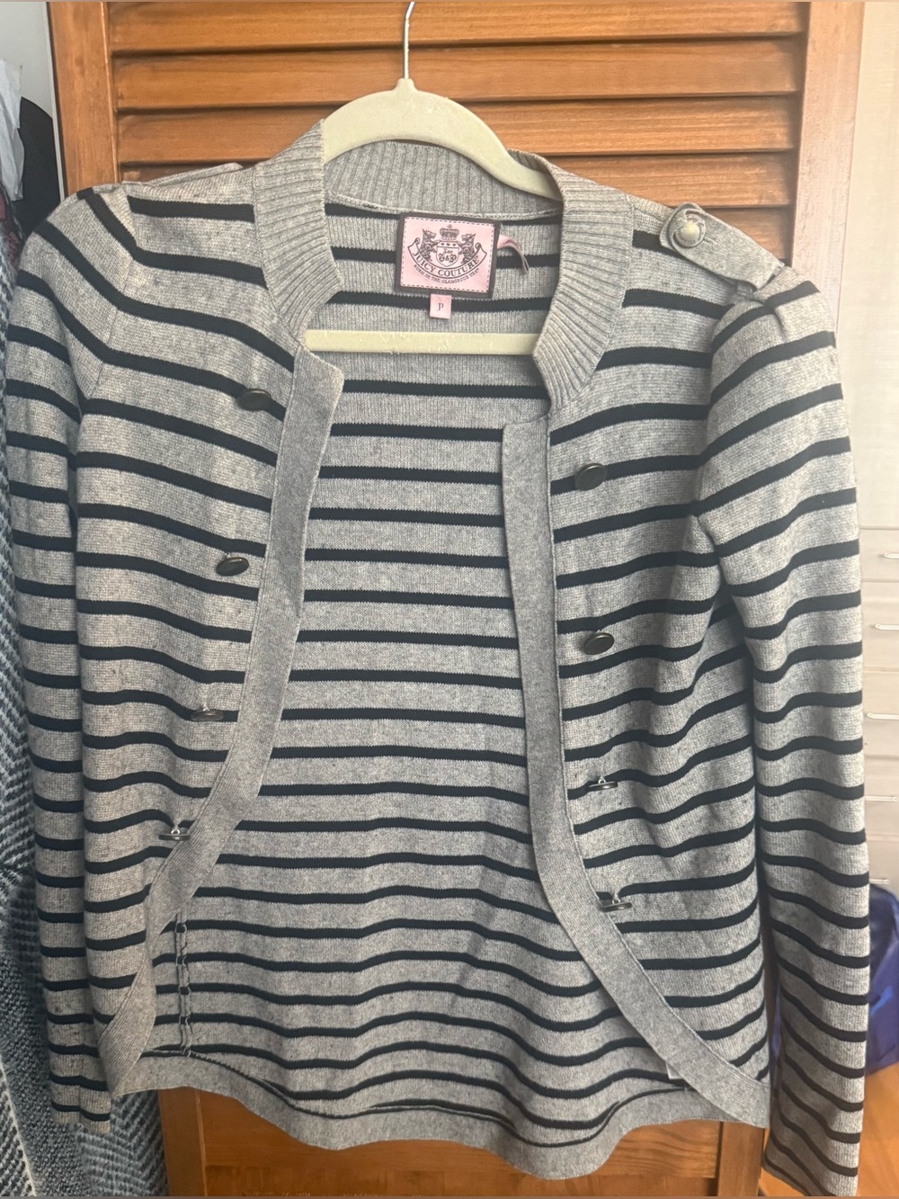 Vintage Juicy Couture Grey and Black Striped Women’s Cardigan